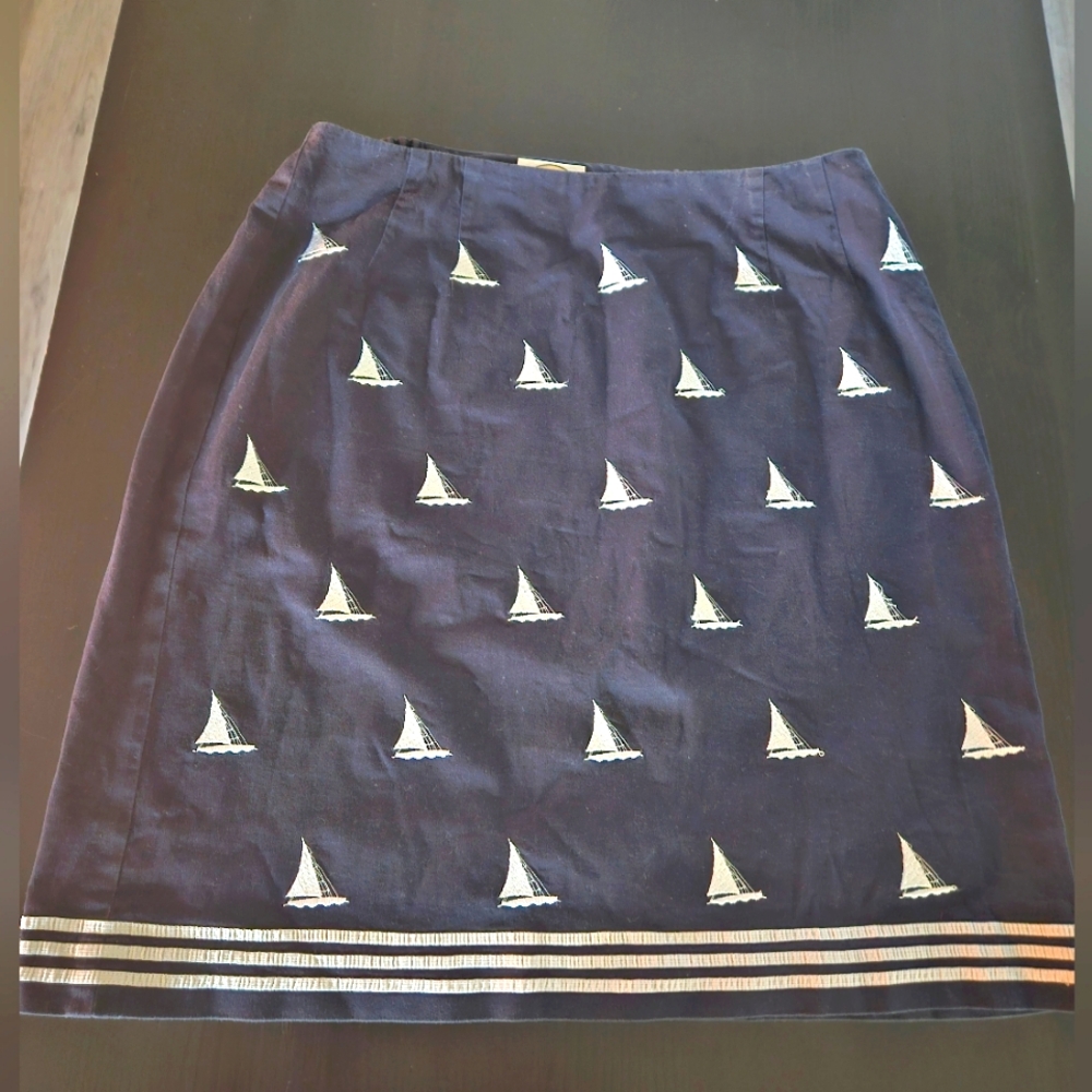 Talbots Skirt Womens Size 14 Navy Blue Nautical Sailboat Stretch Summer Cruise